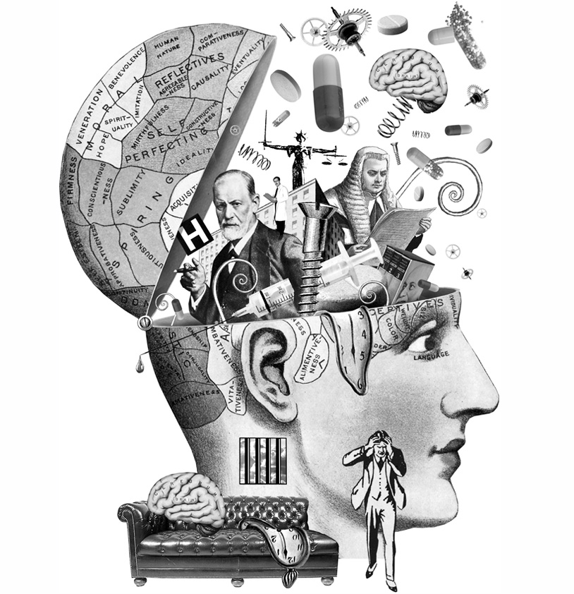 A vintage Phrenology head collage illustration with montage of mental health phrases and images including Dr Freud. 