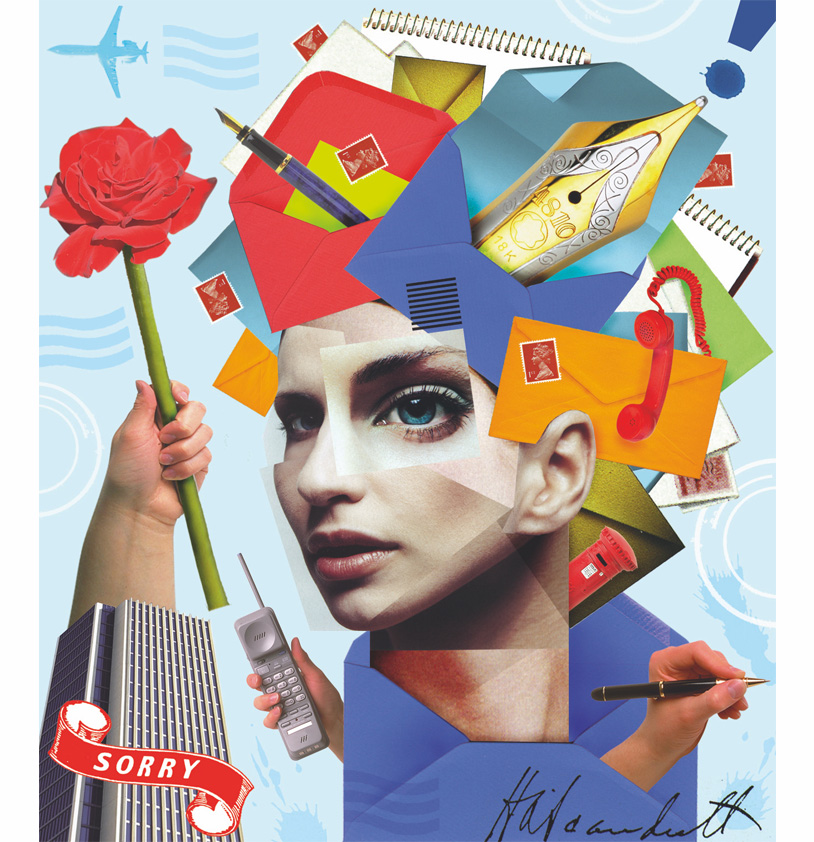 Magazine Cut out face illustration montage about How to Complain successfully using collage elements of envelopes, stamps, phones and pens.