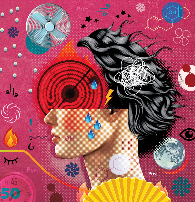 Hot Collage illustration of a woman experiencing perimenopause, menopause symptoms, hot flushes and headaches. 
