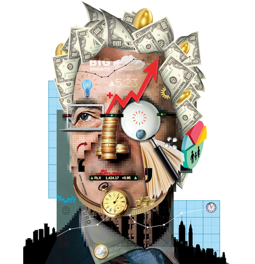 Collage head illustration of Sir Ronald Cohen with montage elements of money, finance, stock market, shares, time, city business and the big society.
