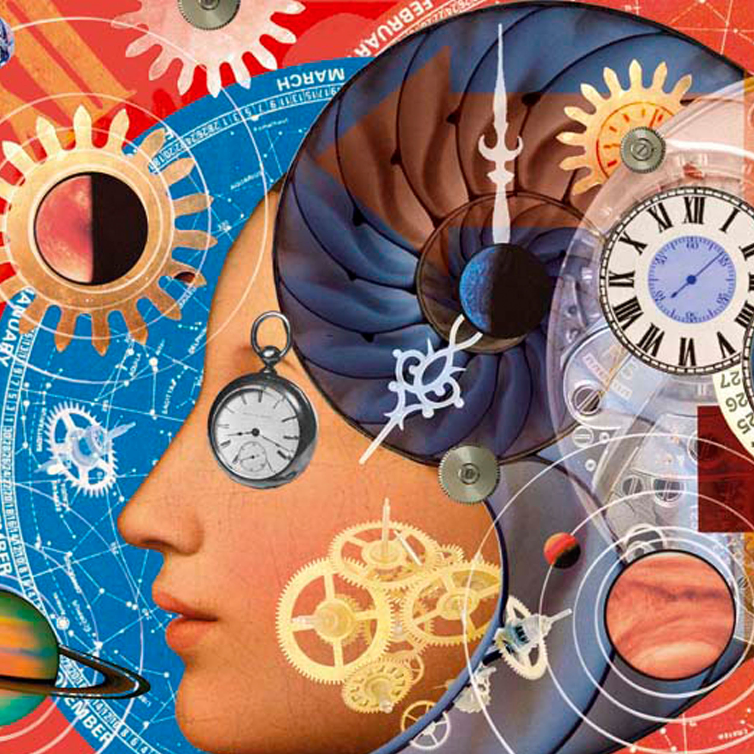 Collage illustration of time featuring clocks, watches, stars, planets, universe, clock parts, cogs, gears and springs. 