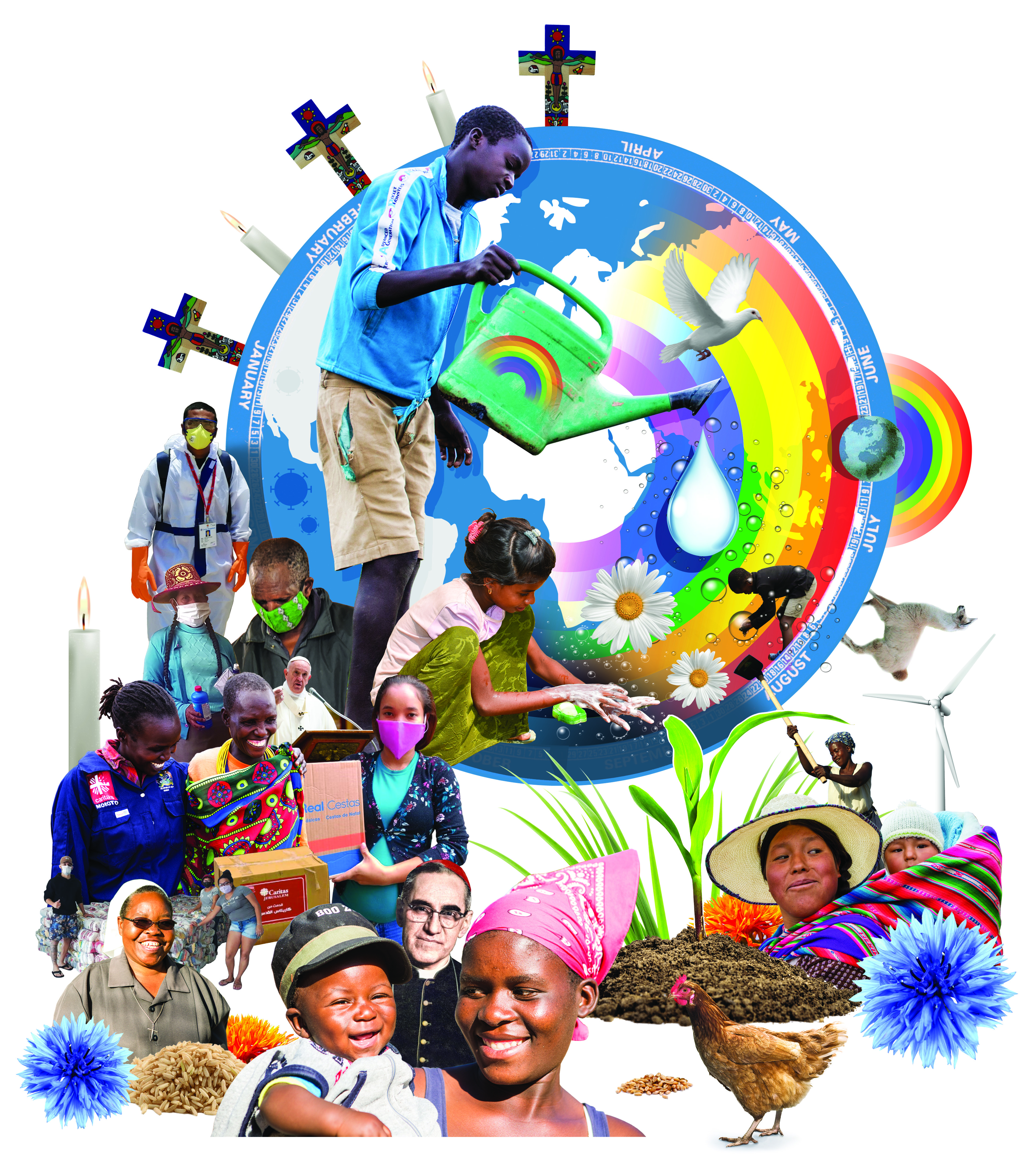 Collage photomontage illustration for cover of Cafod publication showing how the developing world is coping with the Covid pandemic.