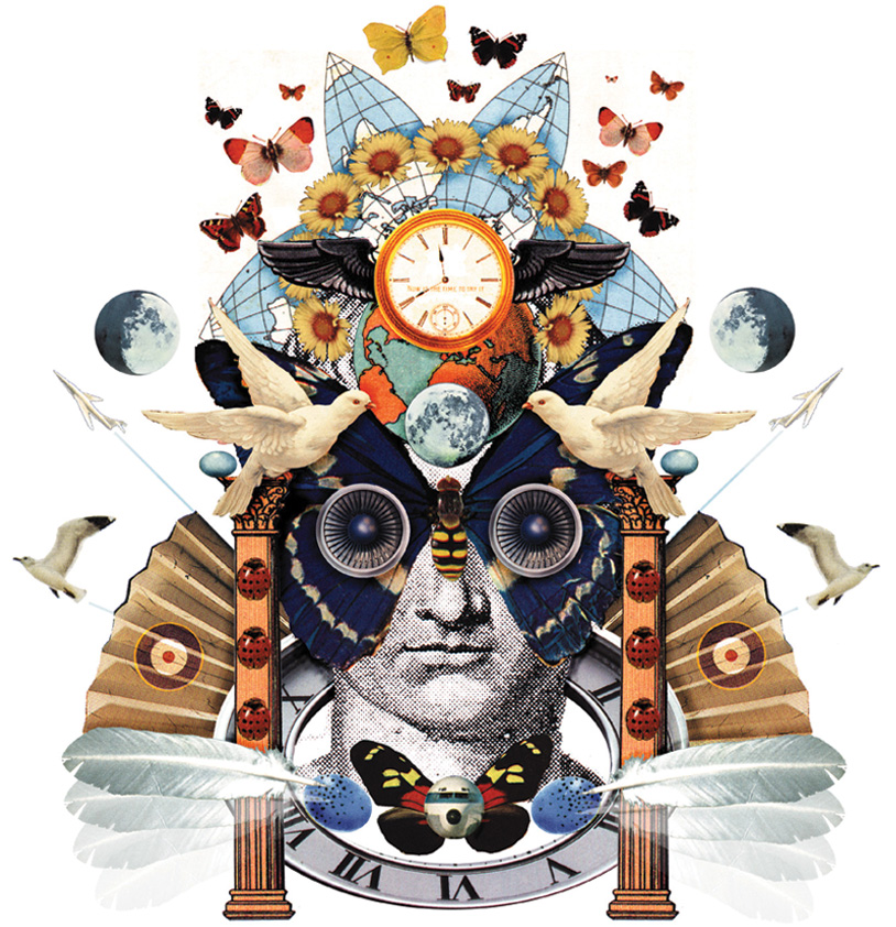 Steam Punk style collage illustration of a montage persons head with elements reflecting time, flight and travel