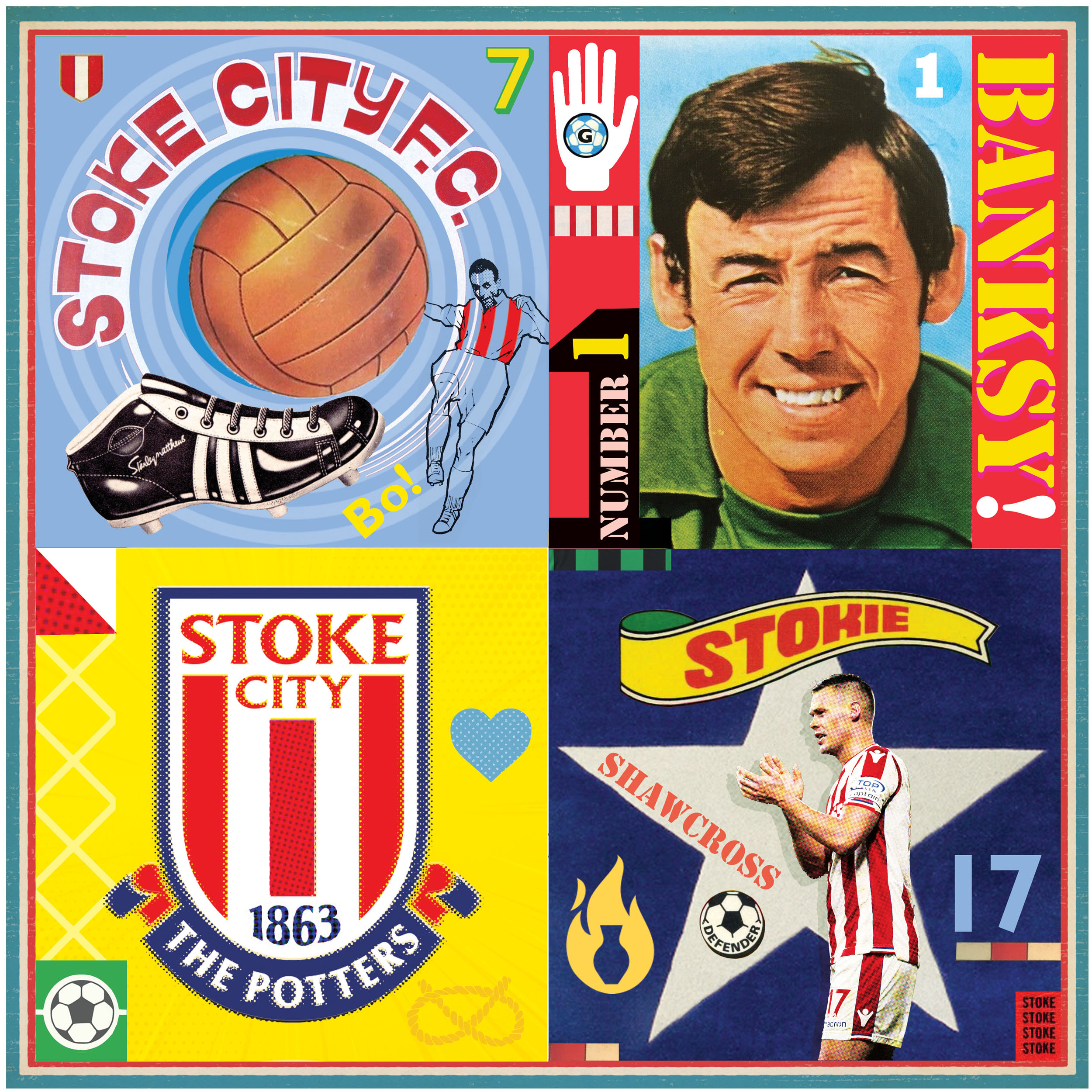 Stoke City Collage Illustration using Football memorabilia, Soccer legends including Gordon Banks an Sir Stanley Matthews in a Pop Art style.