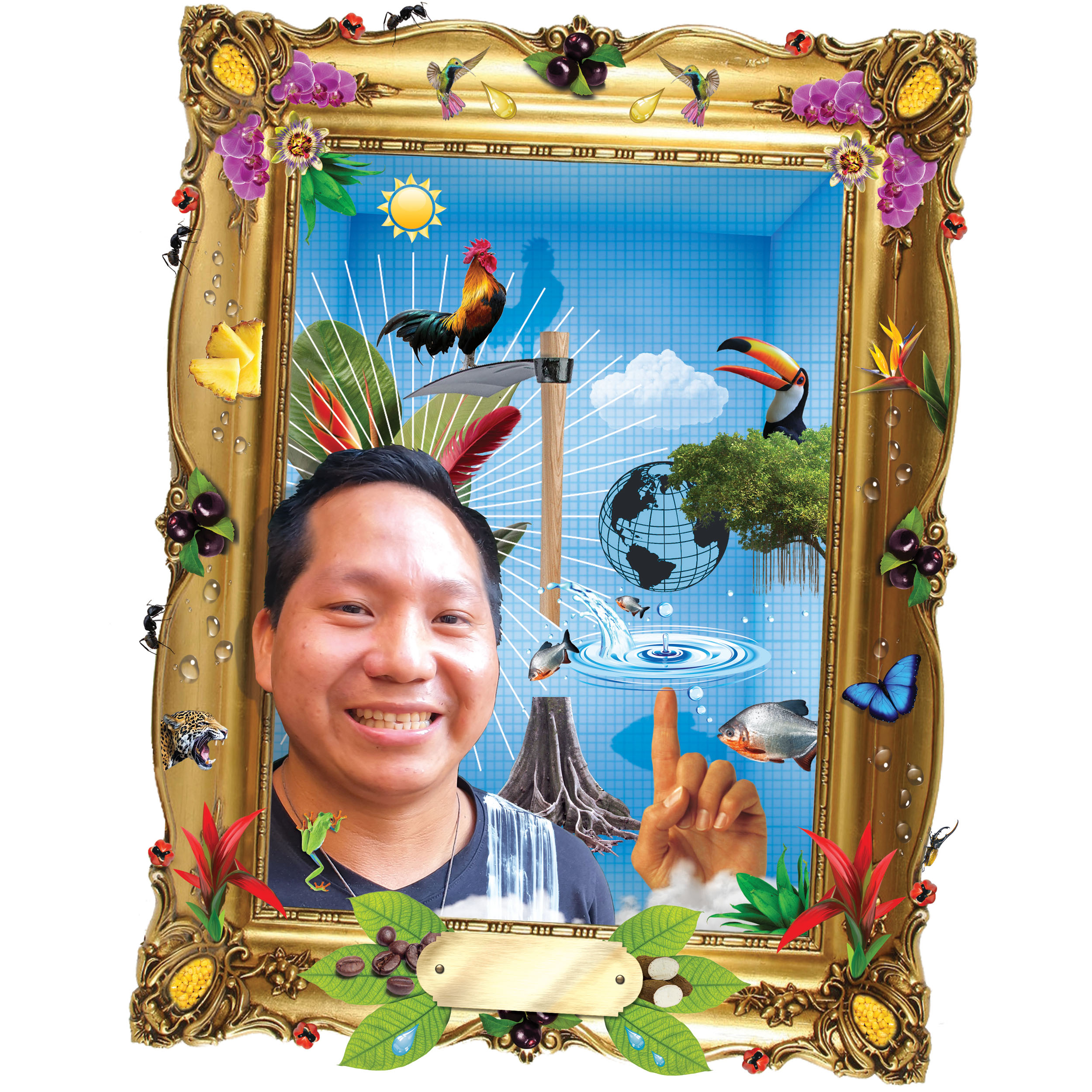 Collage Montage Illustration of a enviromental expert aid charity worker for CAFOD helping in third world communities in Peru, South America.