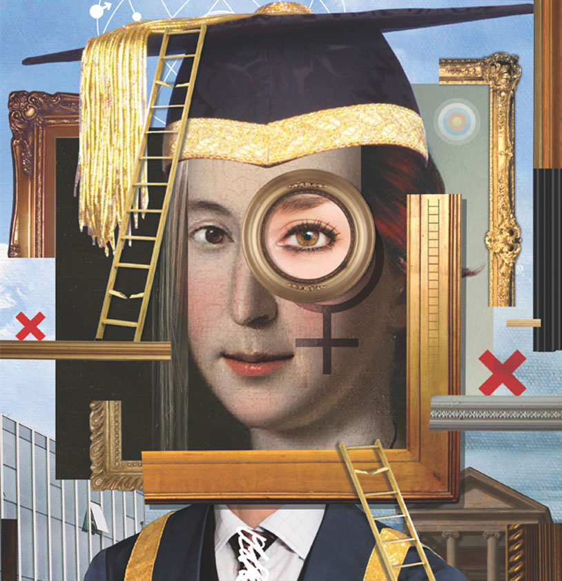 Collage illustration of a female university vice-chancellor in hat and robes.