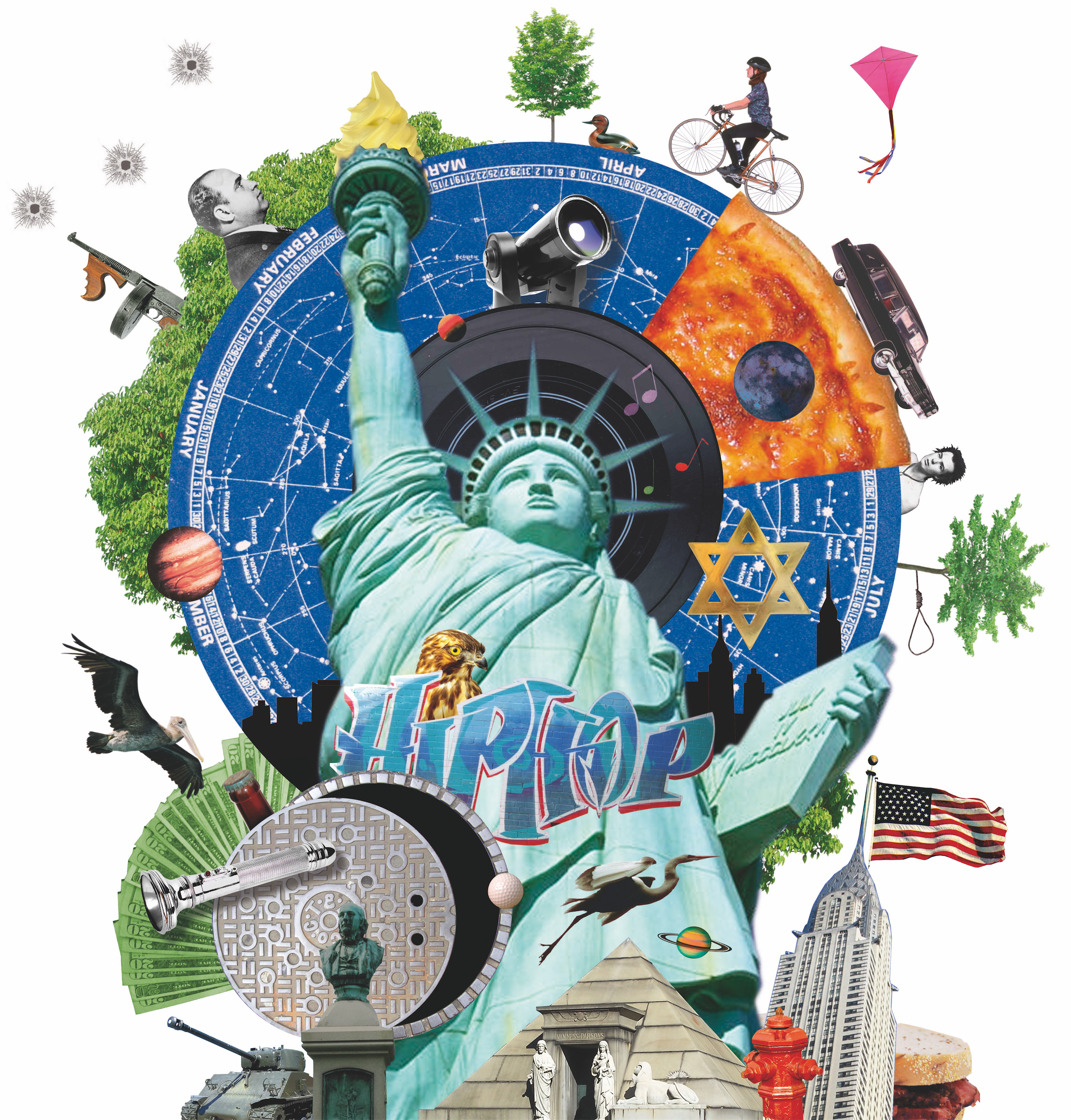 Travel collage illustration of New York with montage elements of the Statue of Liberty, Central Park, Empie State Building, Hip Hop, Graffiti Hall of Fame, Green-Wood Cemetery, Albert Ross Parsons Tomb and the Atlantic Avenue Tunnel