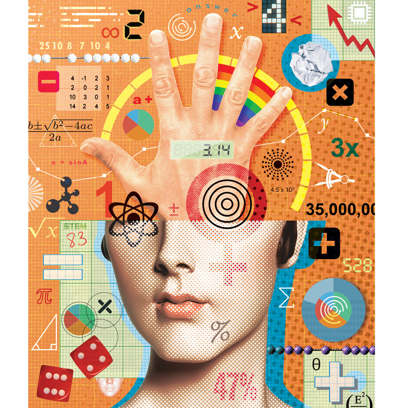 Collage illustration of someone studying teaching science maths with montage elements of graphs, algebra, equations, statistics and numbers.