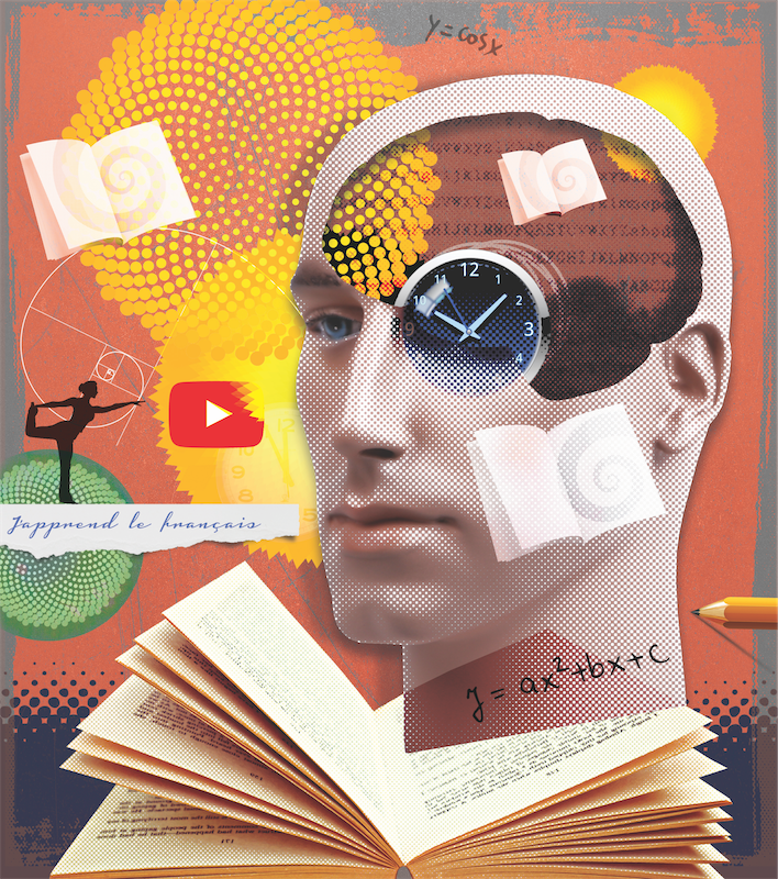 Collage illustration of a head experiencing personal growth from further education, learning and studying after work from books and online tutorials