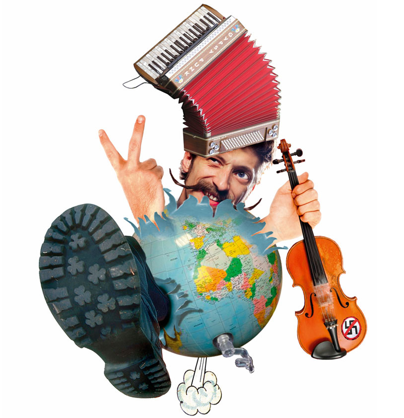 Collage Montage Illustration portrait of Eugene Hütz, from the gypsy punk rock band Gogol Bordello bursting out of the World Music Scene.
