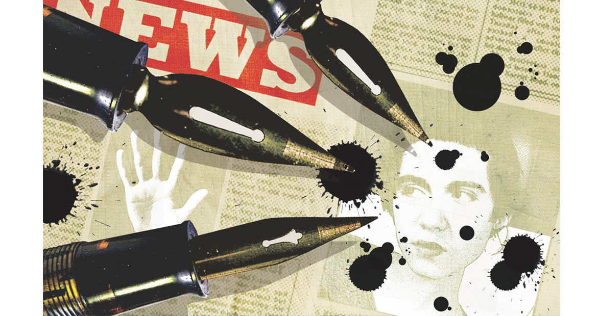Political Collage illustration of newspaper press intrusion, a person being attacked, intimidated by the tabloid news media. Woman scared with ink pens and ink blots.