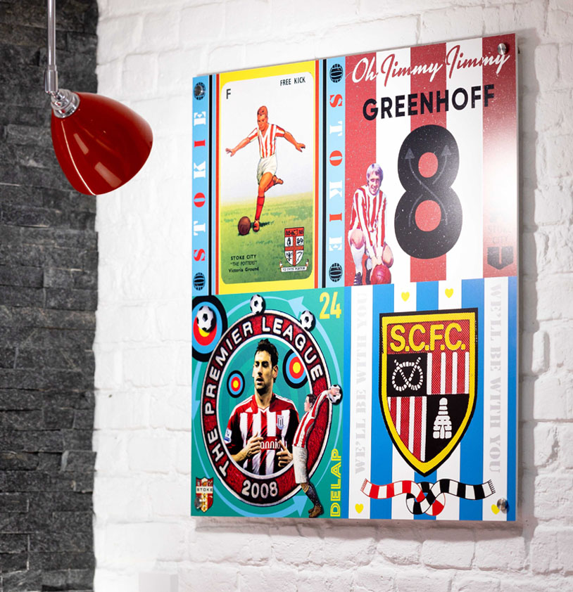 Jimmy Greenhoff, Rory Delap, Stoke City Football Memorabilia Wall Art at Ricardo's Sports Bar at the BET 365 Stadium