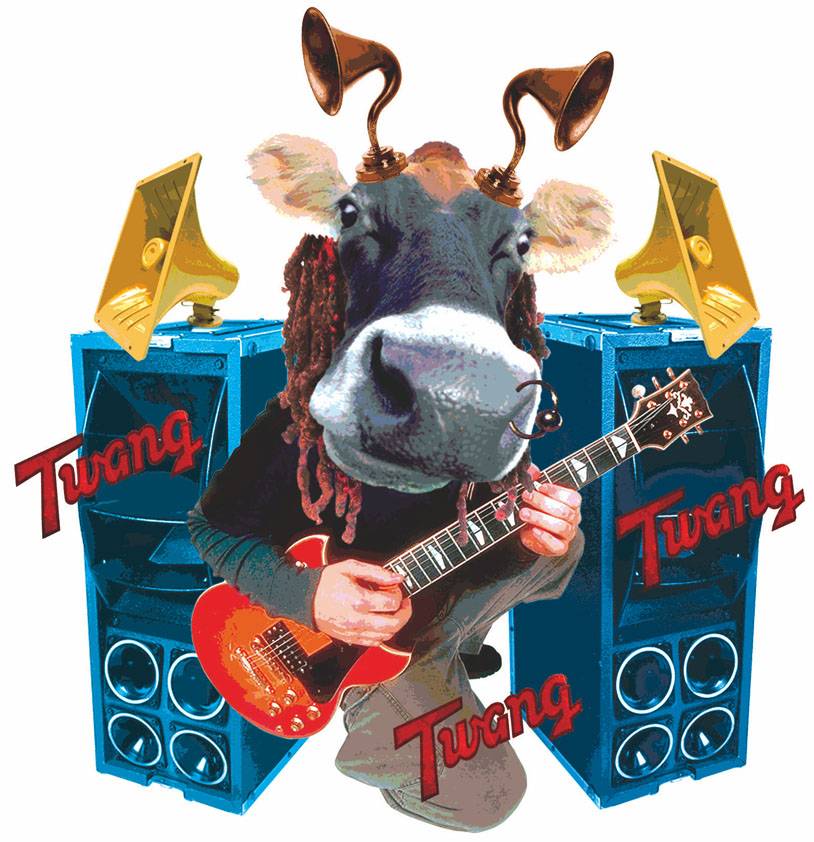 Fun surreal contemporary collage montage illustration of a hippo playing electric guitar with amplifiers.