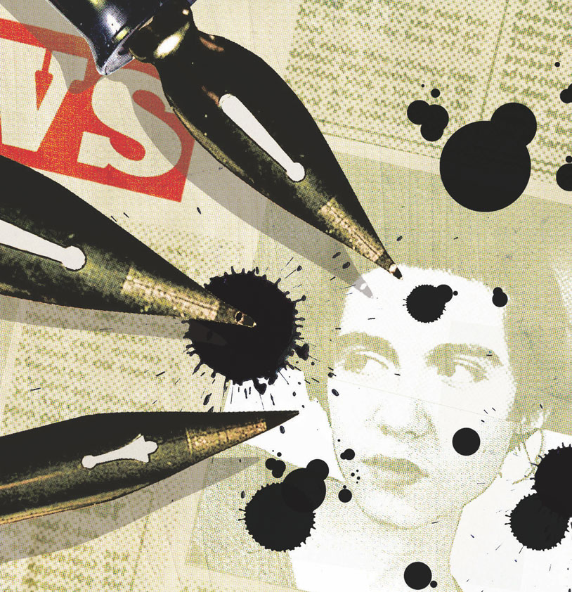 Collage illustration of newspaper press intrusion, someone being attacked by the news media.
