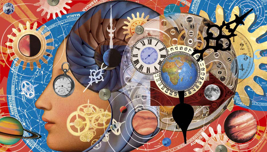 Collage illustration of time featuring clocks, watches, stars, planets, universe, clock parts, cogs, gears and springs.